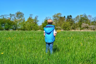 Rear view of boy on field