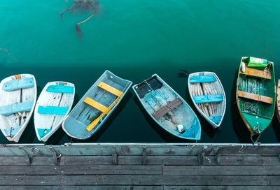 High angle view of boats moored in water