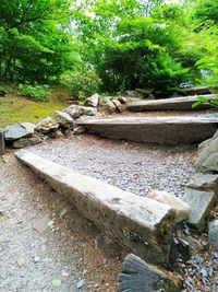 View of stream flowing through rocks in forest