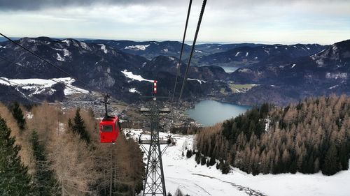 Overhead cable car at snow covered mountain