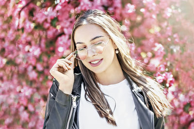 Pink flowers garden girl trees mood happiness, blooming traditional seasonal background april