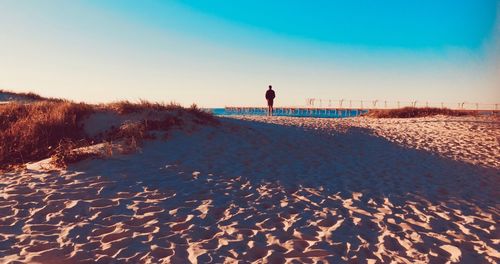 Rear view of man on beach against clear sky