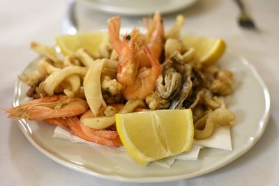 High angle view of prawns in plate