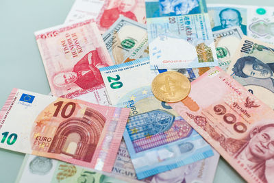 Close-up of coins on table