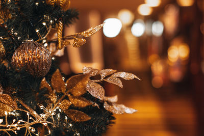 New year composition in a festive interior.  christmas tree decorated with a golden leaves