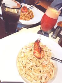 High angle view of food served on table