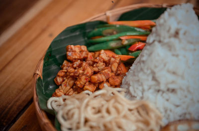 High angle view of food in plate on table