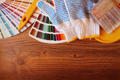 High angle view of paintbrushes on table