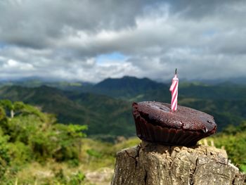 High angle view of dessert on mountain against sky