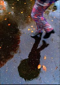 Reflection of man in puddle