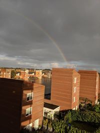 Rainbow over buildings in city against sky