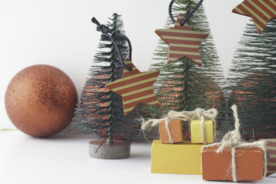 Close-up of christmas decorations on table