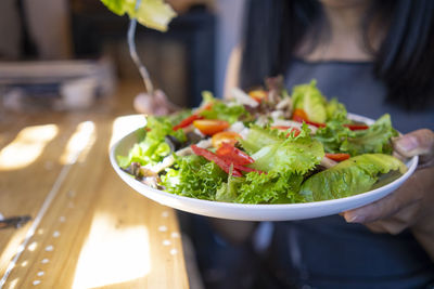 High angle view of meal served in bowl on table