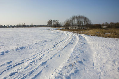 Field and road covered with snow and trees