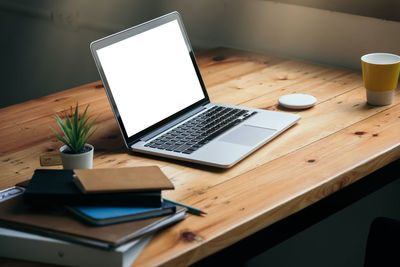 High angle view of laptop on table