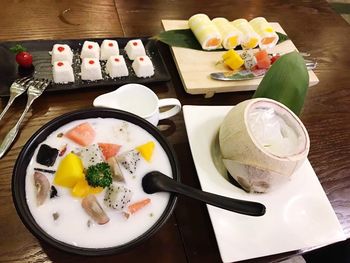 High angle view of breakfast served on table