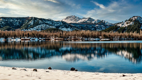 Scenic view of lake by snowcapped mountains against sky