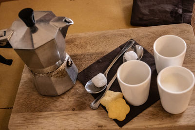 High angle view of coffee on table