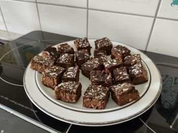 High angle view of chocolate cake on table