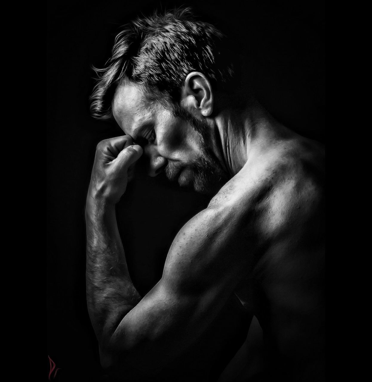 adult, black and white, one person, men, muscular build, black background, strength, monochrome photography, portrait, lifestyles, indoors, studio shot, black, monochrome, arm, hand, young adult, wellbeing, athlete, waist up, exercising, emotion, sadness, person, copy space, human muscle, sports, darkness, bodybuilding, macho, dark