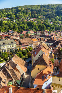 High angle view of buildings in town