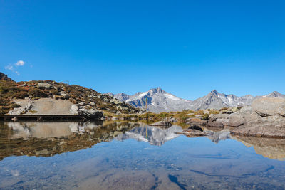 Scenic view of lake and mountains against clear blue sky