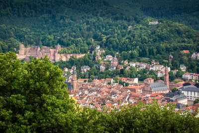 High angle view of townscape and trees in city