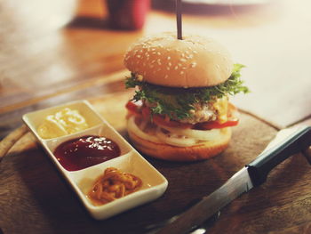 Close-up of burger on table