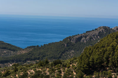 Scenic view of sea and mountains against sky