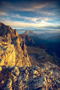 Scenic view of mountains against sky during sunset