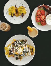 High angle view of breakfast served on table