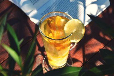 High angle view of drink on table