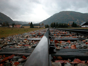 Wooden sleepers for railway tracks, rail traffic infrastructure on a sunny day