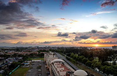 High angle view of cityscape against sky during sunset