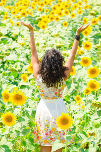 Rear view of woman and yellow flowering plants