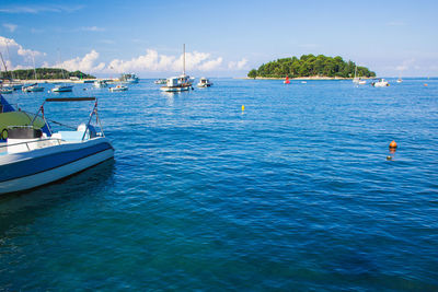 Sailboats moored in sea against sky