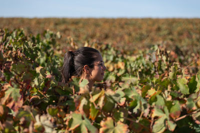 Caucasian woman head in the middle of vineyard grape vines in autumn with yellow and red leaves