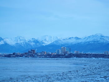Scenic view of snowcapped mountains against sky