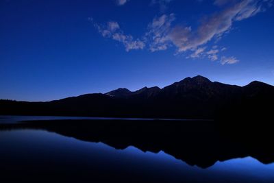 Scenic view of lake and mountains against blue sky at dusk