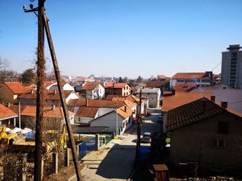 High angle view of townscape against clear sky