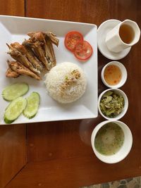 High angle view of meal served on table