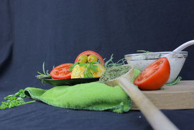 Close-up of chopped vegetables on cutting board