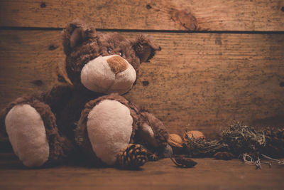 Close-up of stuffed toy on wooden table