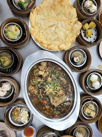 High angle view of meal served on table