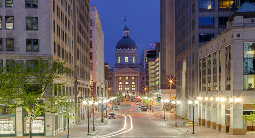 View of city lit up at night