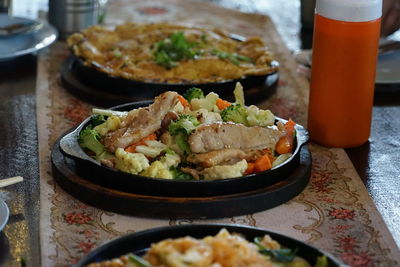 High angle view of food served on table