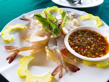 High angle view of meal served on table