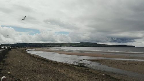 Scenic view of beach against cloudy sky