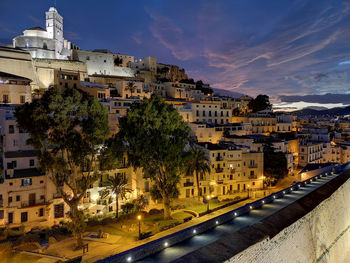 High angle view of buildings in city against sky