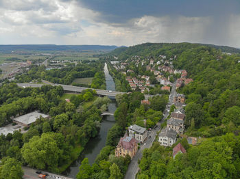 High angle view of buildings against sky